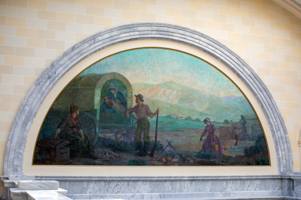 The east mural, painting, Madonna of the Covered Wagon at the Utah State Capitol.  East lunette.
