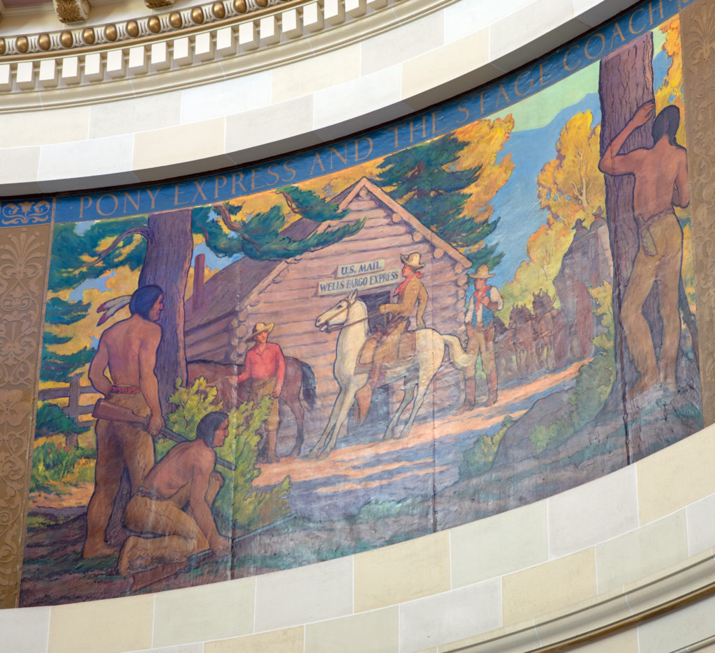 Cyclorama, painting of Pony Express and the Stagecoach in Utah State Capitol Rotunda.