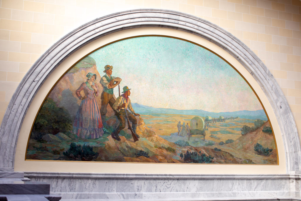 The west mural, painting of The Passing of the Wagons at the Utah State Capitol.  West lunette.