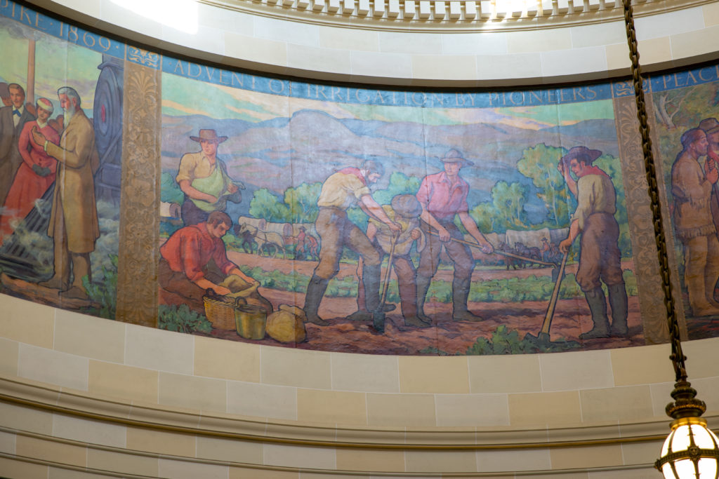 Cyclorama, painting of Advent of Irrigation by Pioneers in Utah State Capitol Rotunda.