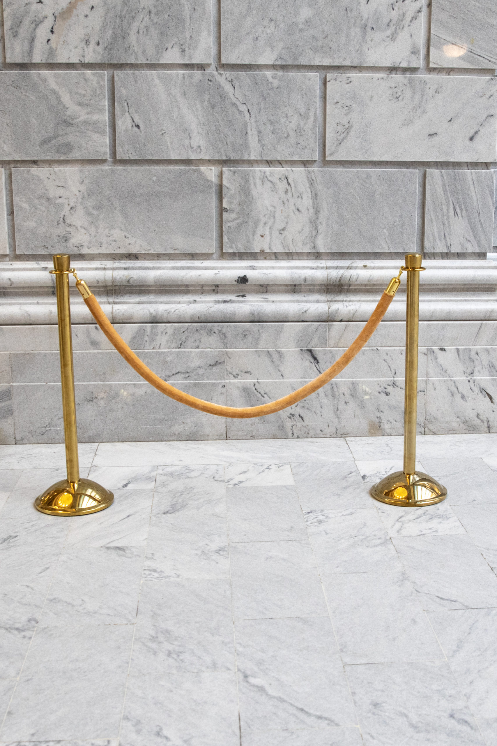 Gold stanchions on marble backdrop