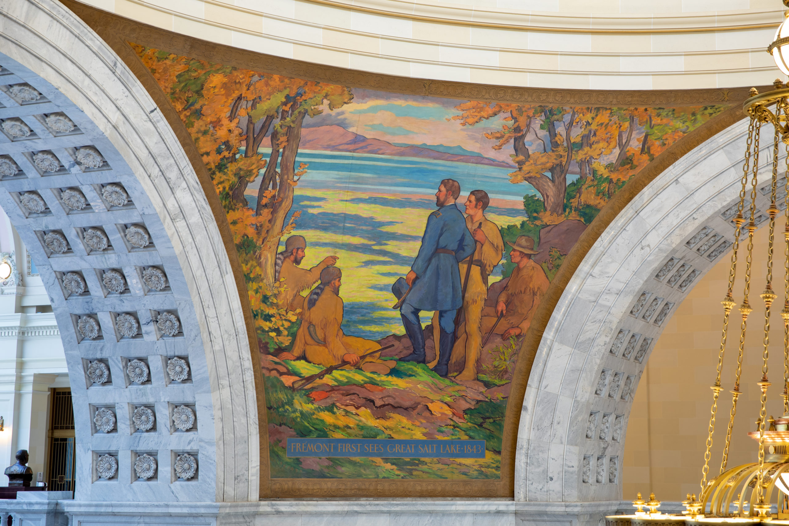 Pendentive, painting of Fremont and other explorers at the Great Salt Lake in the Rotunda of the Utah State Capitol.